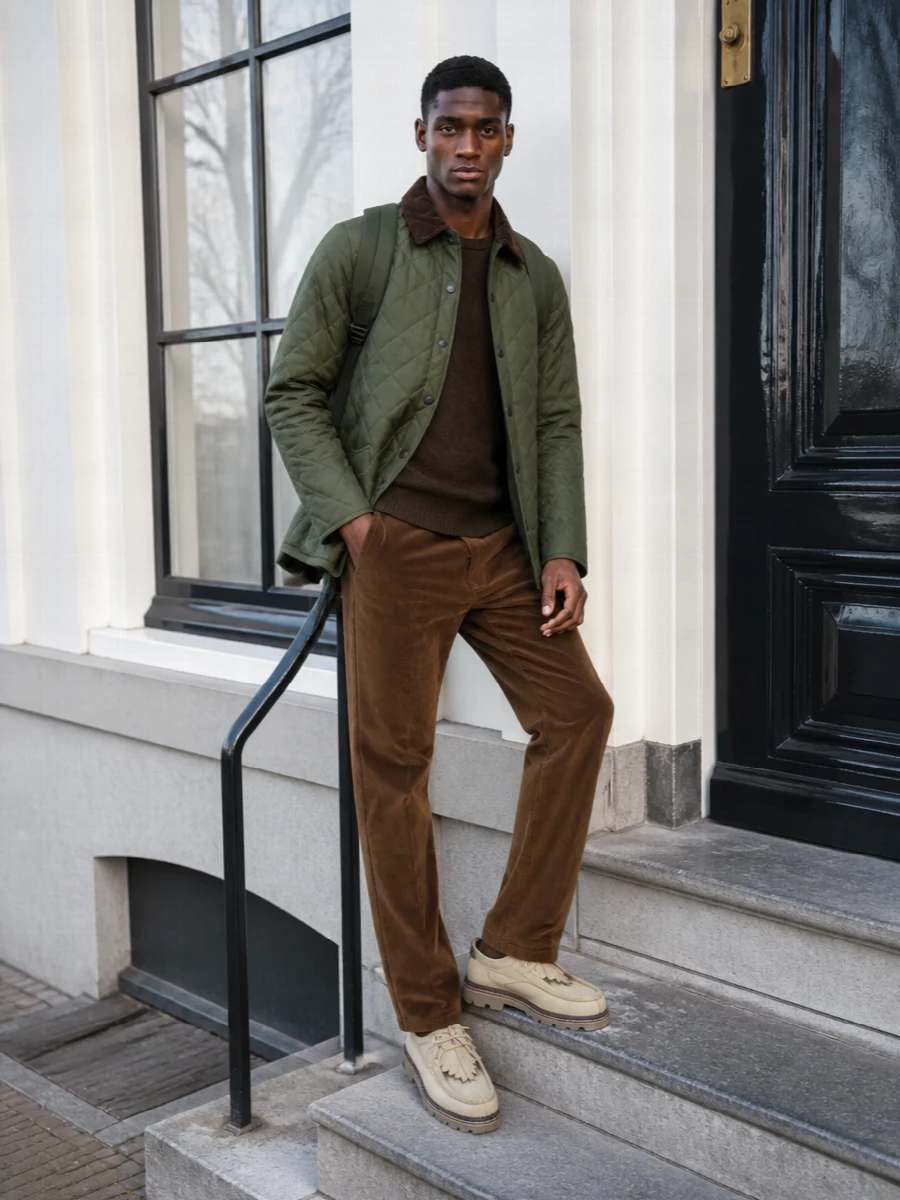 Barbour quilted jacket corduroy paraboot outfit