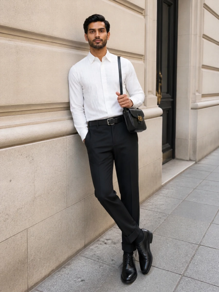 Charcoal tailored suit off white shirt black derbies