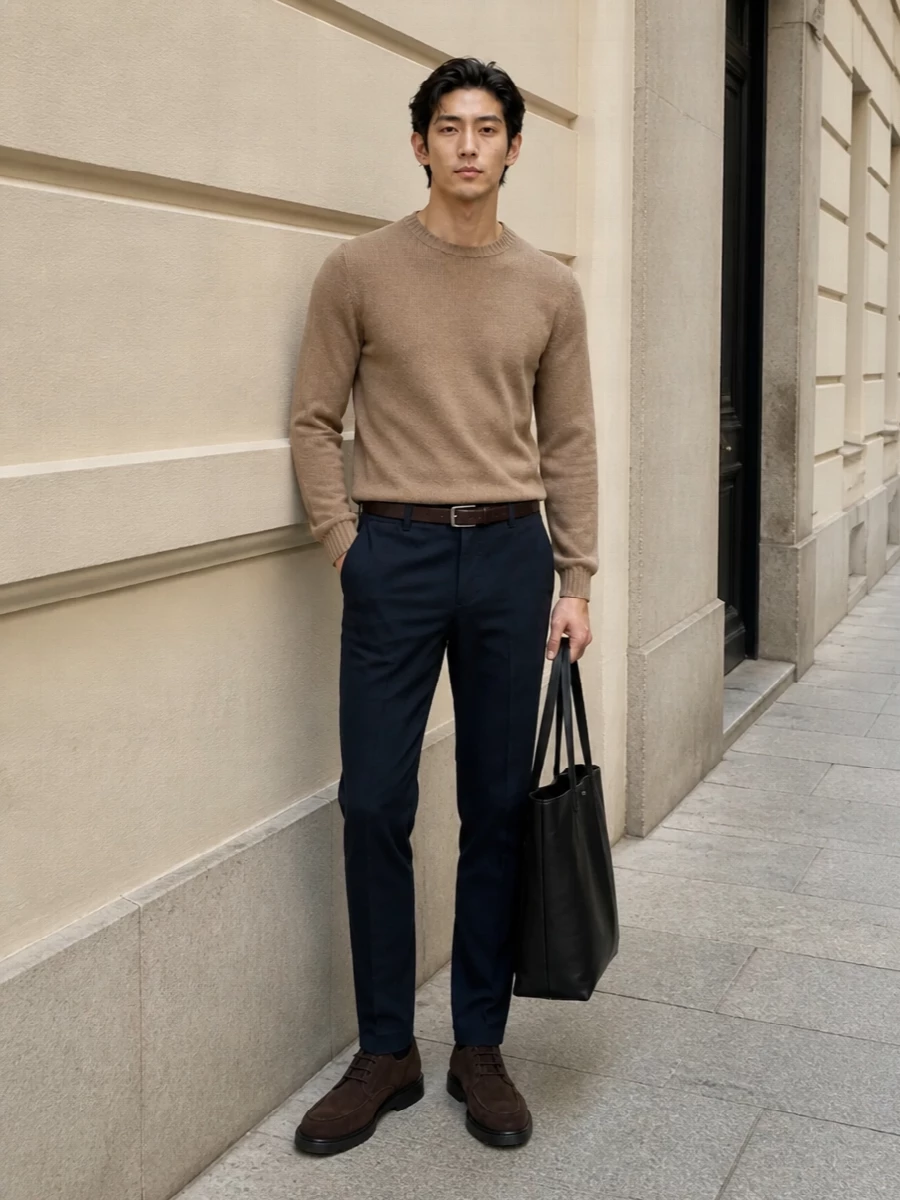 Pt torino navy chinos camel sweater chukka boots