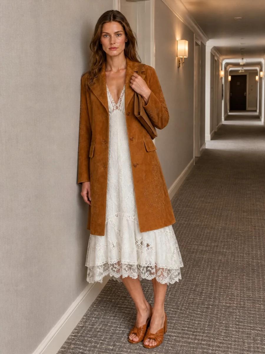 I’m taking the dress route here: the ivory lace midi creates a clean, romantic column that lets the embroidered caramel suede coat stay the hero without any break in line. The caramel Fendi slingbacks and suede envelope clutch keep everything in a warm, tonal story, so the outfit reads as softly opulent but still sharply considered for summer dinners or terrace parties. It is all about embroidery-on-embroidery, handled in a controlled palette so the textures whisper to each other instead of shouting.
