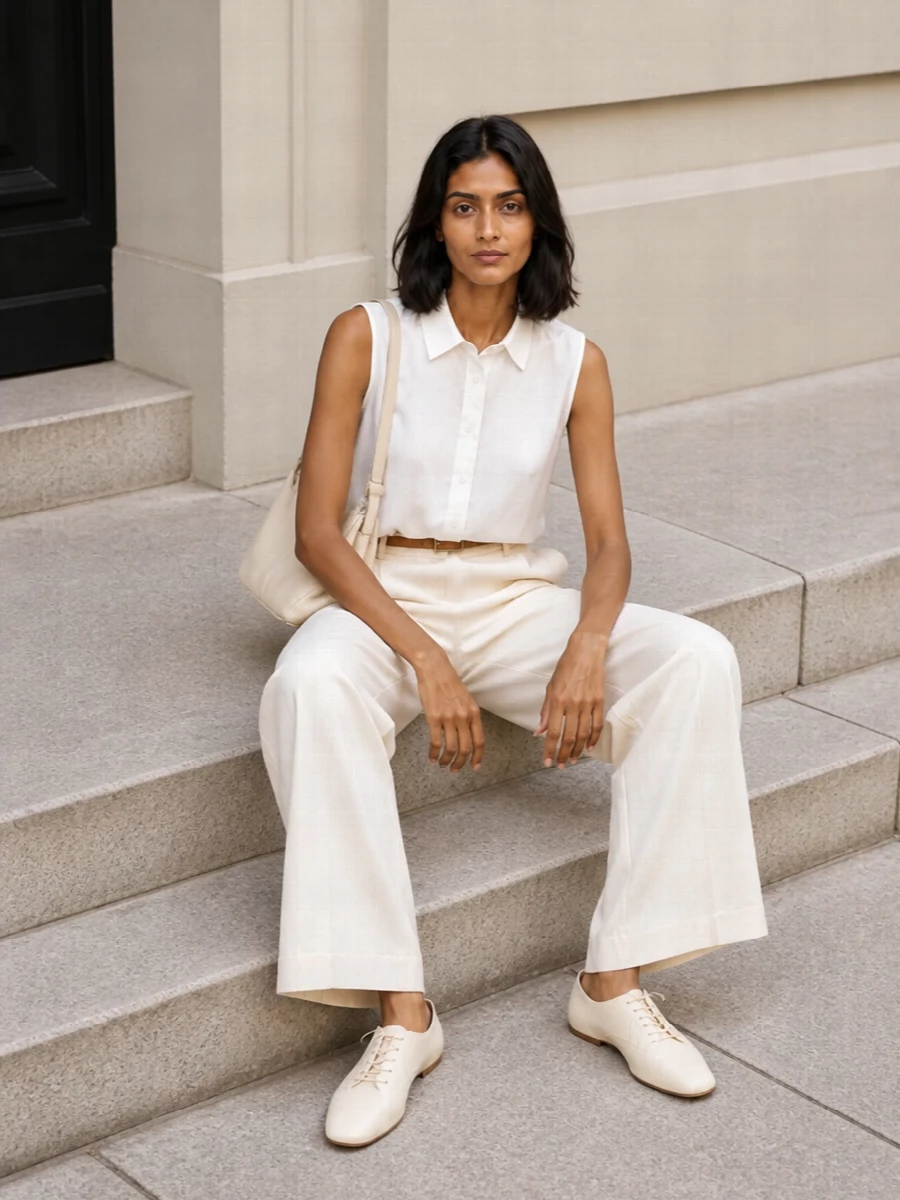 Woolrich ivory wide leg trousers minimalist flats