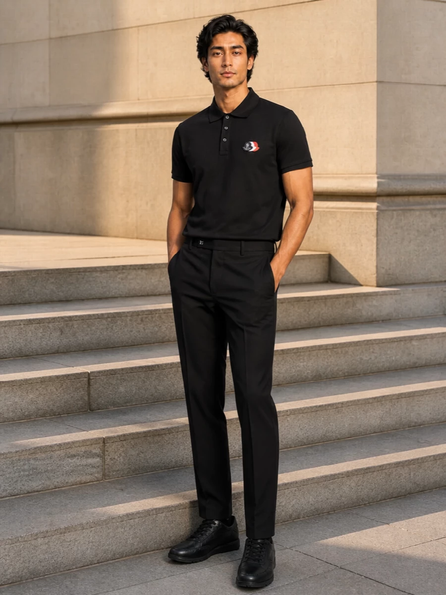 Monochrome and precise, this pairing turns the sporty Moncler polo into a quietly confident city uniform. Tailored black trousers and sleek black sneakers keep the line clean and athletic, while the structured tote adds just enough graphic detail through its matching tricolour accents. It is refined but relaxed, ideal for travel days, smart casual offices, or low-key dinners where polish still matters.