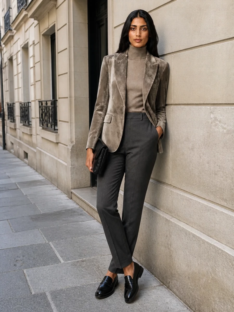 This look builds a quietly luxurious evening suit around the taupe velvet blazer, grounding it with a slim shimmering taupe turtleneck and impeccably cut charcoal trousers for an elongated, tailored line. Black low-heel loafers and an ink-black padded clutch keep the mood modern and understated rather than overtly dressy, creating a polished FW dinner or cocktail outfit that lets the blazer’s texture be the focal point. I chose the top-and-trouser route over dresses to preserve the blazer as the hero and maintain a coherent Brunello Cucinelli tailoring story.
