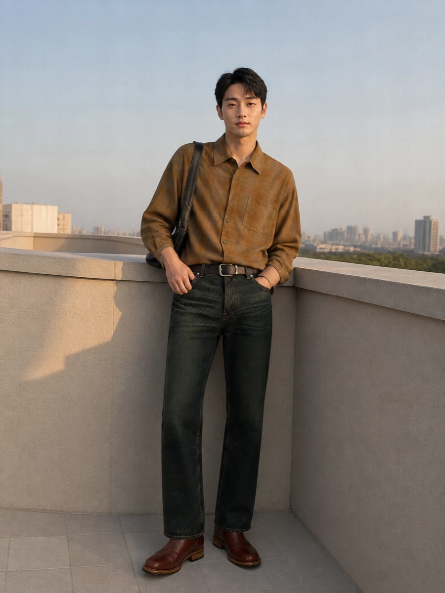 Our legacy green denim brown shirt boots outfit