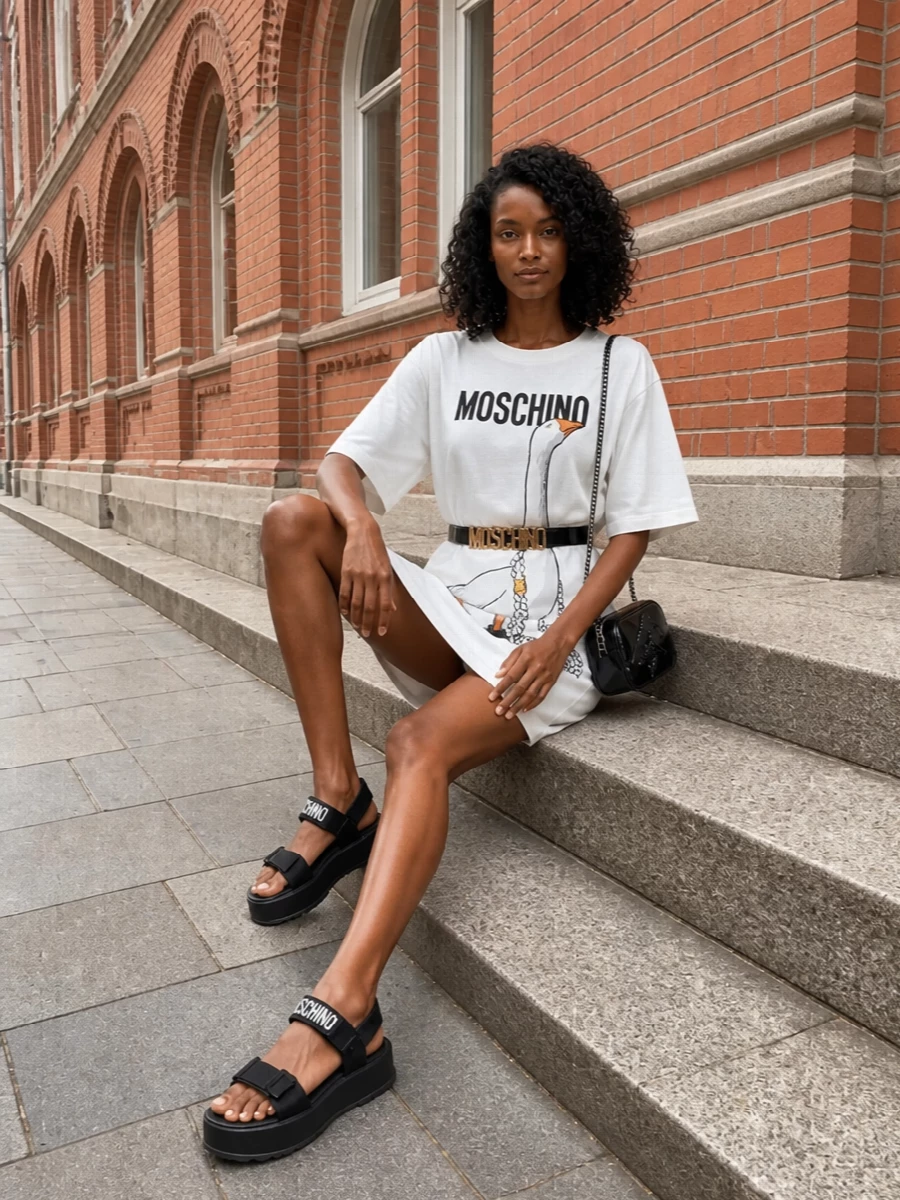 Moschino goose tshirt dress outfit sandals
