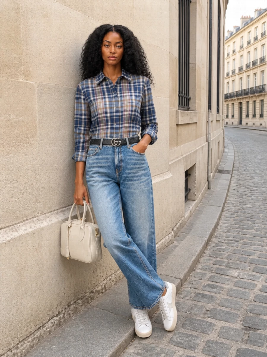 Golden goose plaid shirt straight jeans outfit