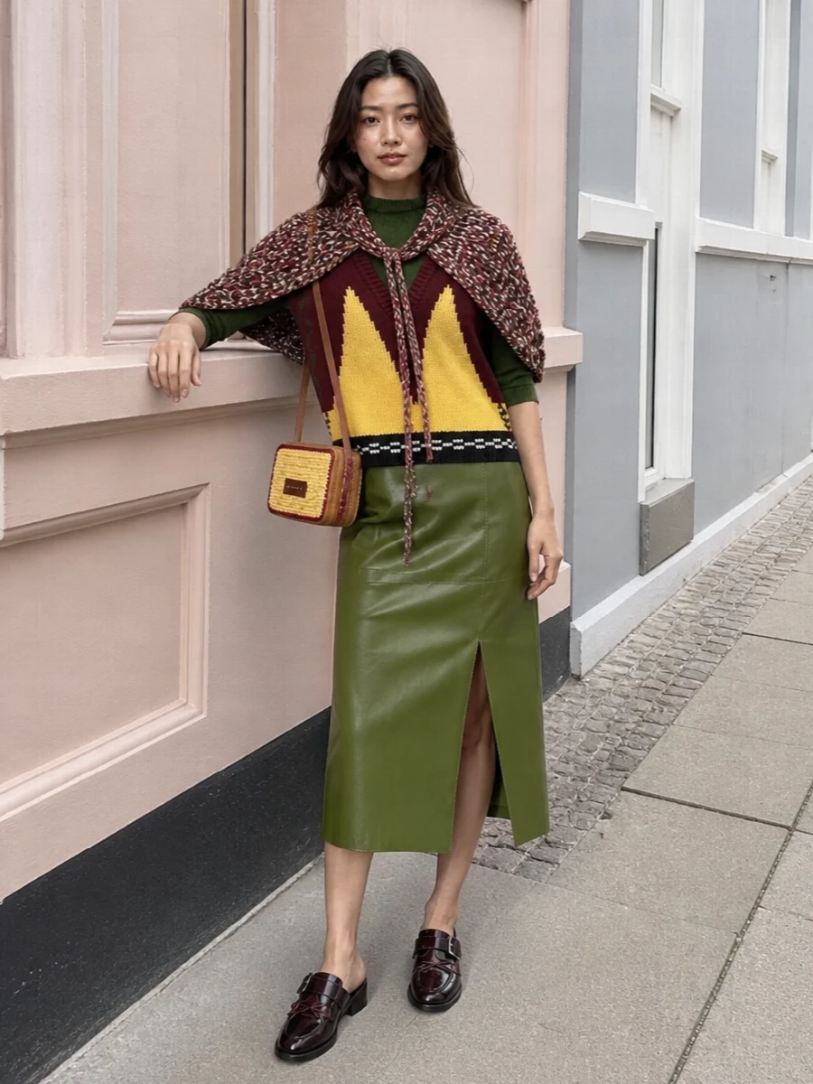 Marni vest leather midi skirt mule loafers