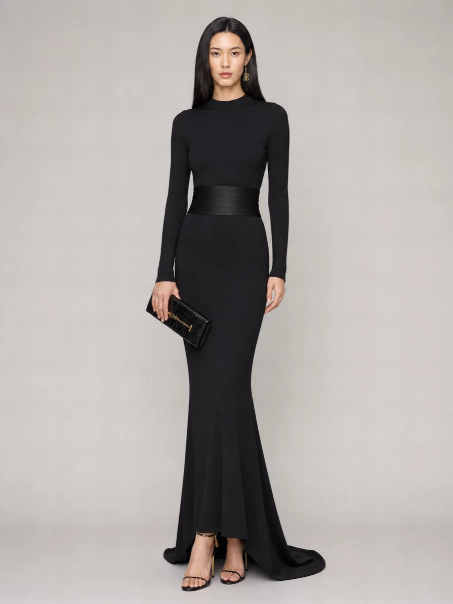 Tom Ford crepe-effect high-neck long-sleeve cutout maxi dress
