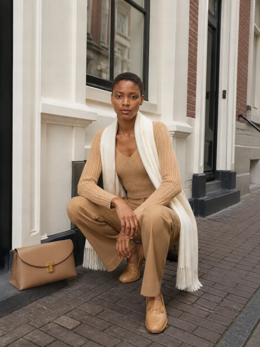 A cropped ribbed camel knit meets a high-rise tailored leg for a long, clean line that feels polished but relaxed. Tonal camel accessories and soft ivory accents keep the palette quiet yet layered, ideal for days when you want ease with intention.