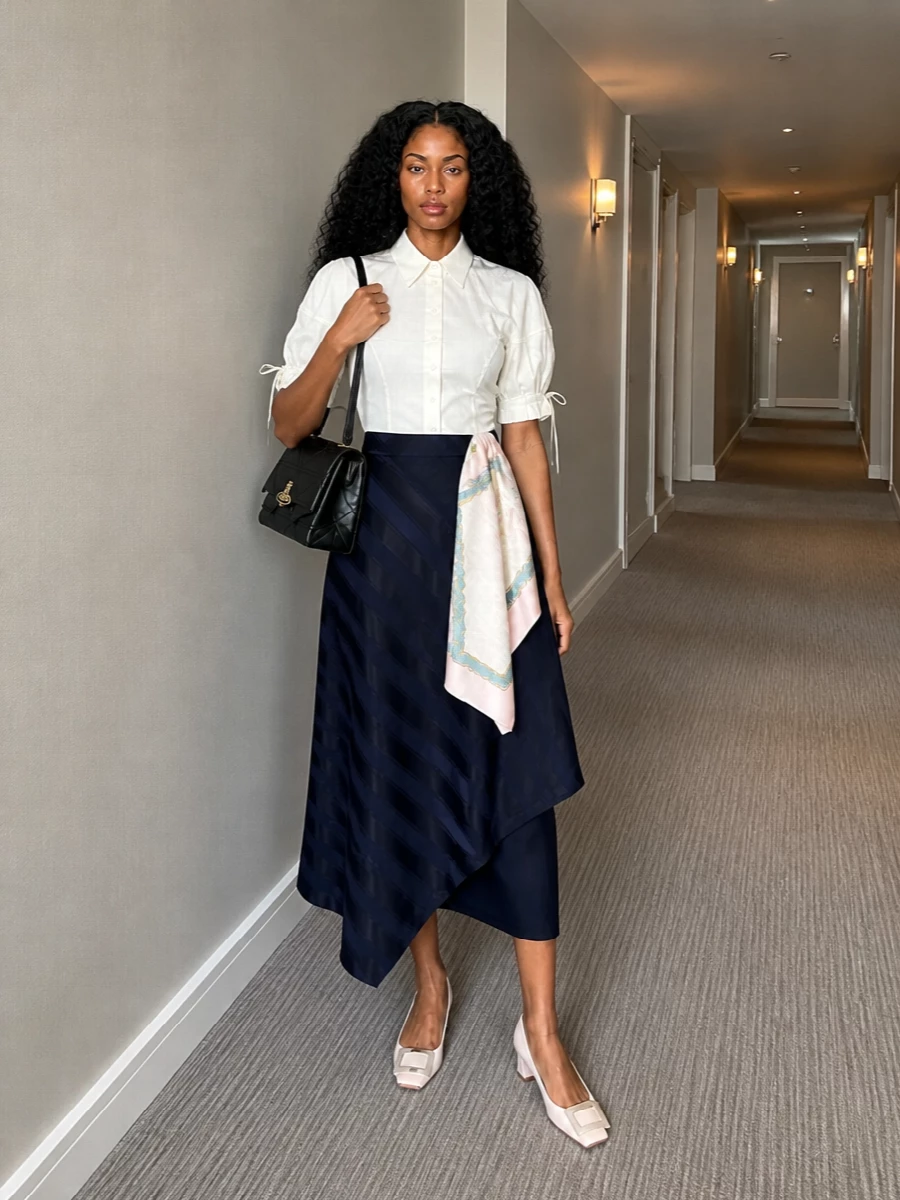Vivienne Westwood’s sculpted white shirt meets a midnight navy draped midi skirt for a romantic, tailored pairing that feels sharp yet softly feminine. Ivory Roger Vivier pumps and a quilted black Orb top-handle bag keep the lines polished, while a pastel Versace silk scarf adds a quiet note of color. The result is refined city dressing that transitions easily from daytime appointments to dinner.