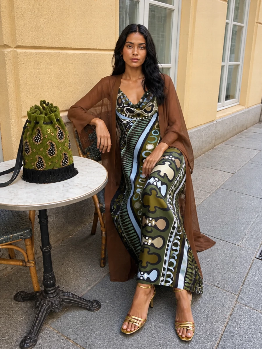 Pucci’s liquid halter dress becomes the star of a sultry, retro-jet-set evening story framed by metallic Valentino stilettos. The multitone straps catch the print’s movement without overwhelming it. An olive, jewel-detailed paisley bucket bag deepens the earthy palette and adds a couture, bohemian flourish that feels party ready from rooftop bar to seaside cocktails.