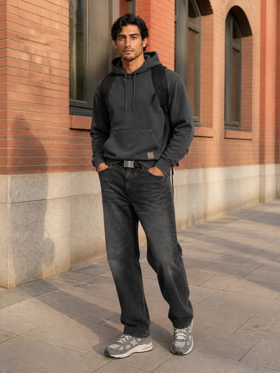 Carhartt hoodie black jeans new balance sneakers