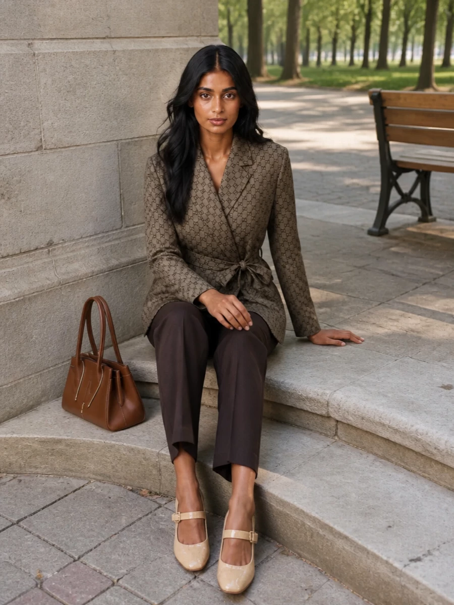 Gucci’s belted GG blazer is grounded with slim dark chocolate tailoring for a long, refined column that feels quietly assured from client lunch to late dinner. Buttercream Mary Janes and a caramel top‑handle introduce warm lightness and structure without breaking the neutral story. The result is polished, preppy and unmistakably luxurious while still reading restrained.