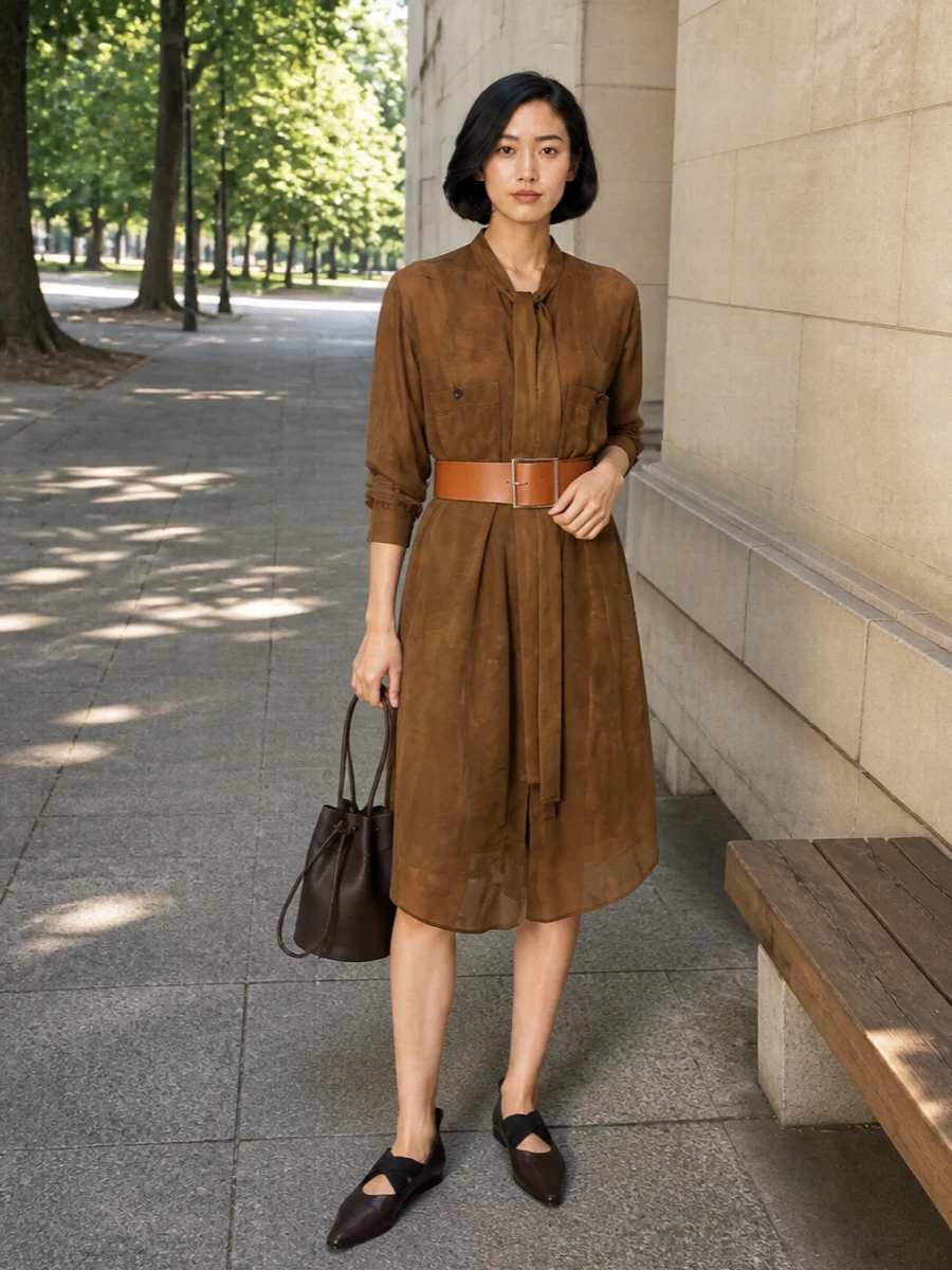 Uma wang brown shirt dress belt flats