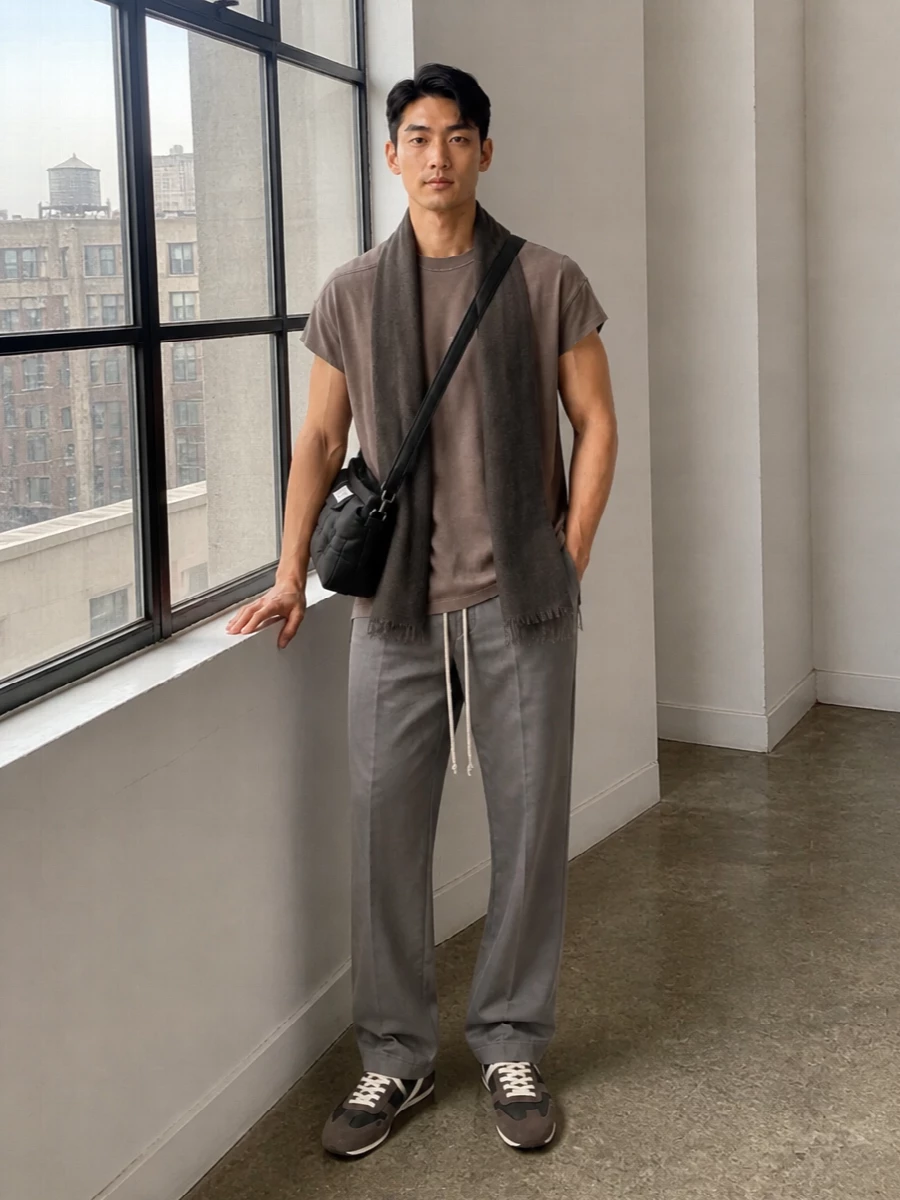 Rick owens taupe tee taupe trousers sneakers