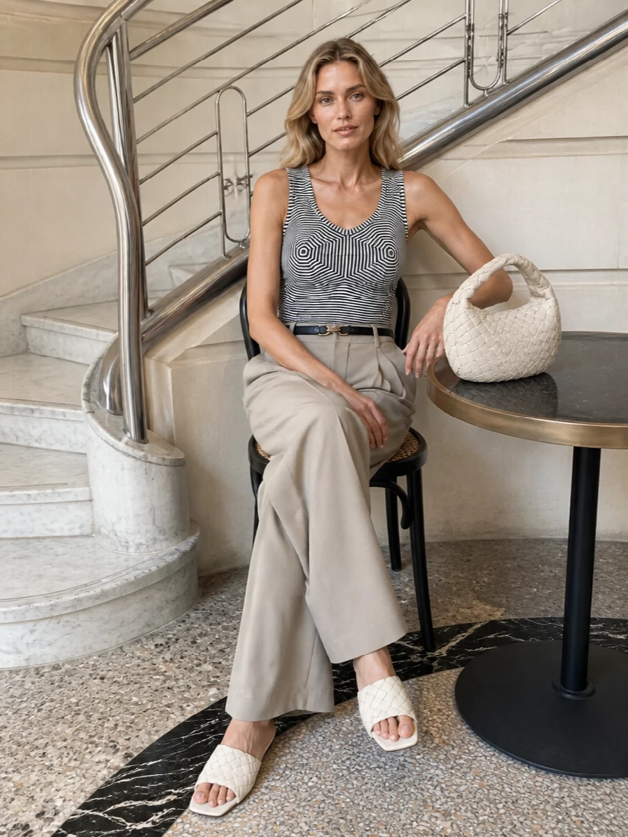 Bottega striped tank wide leg trousers outfit