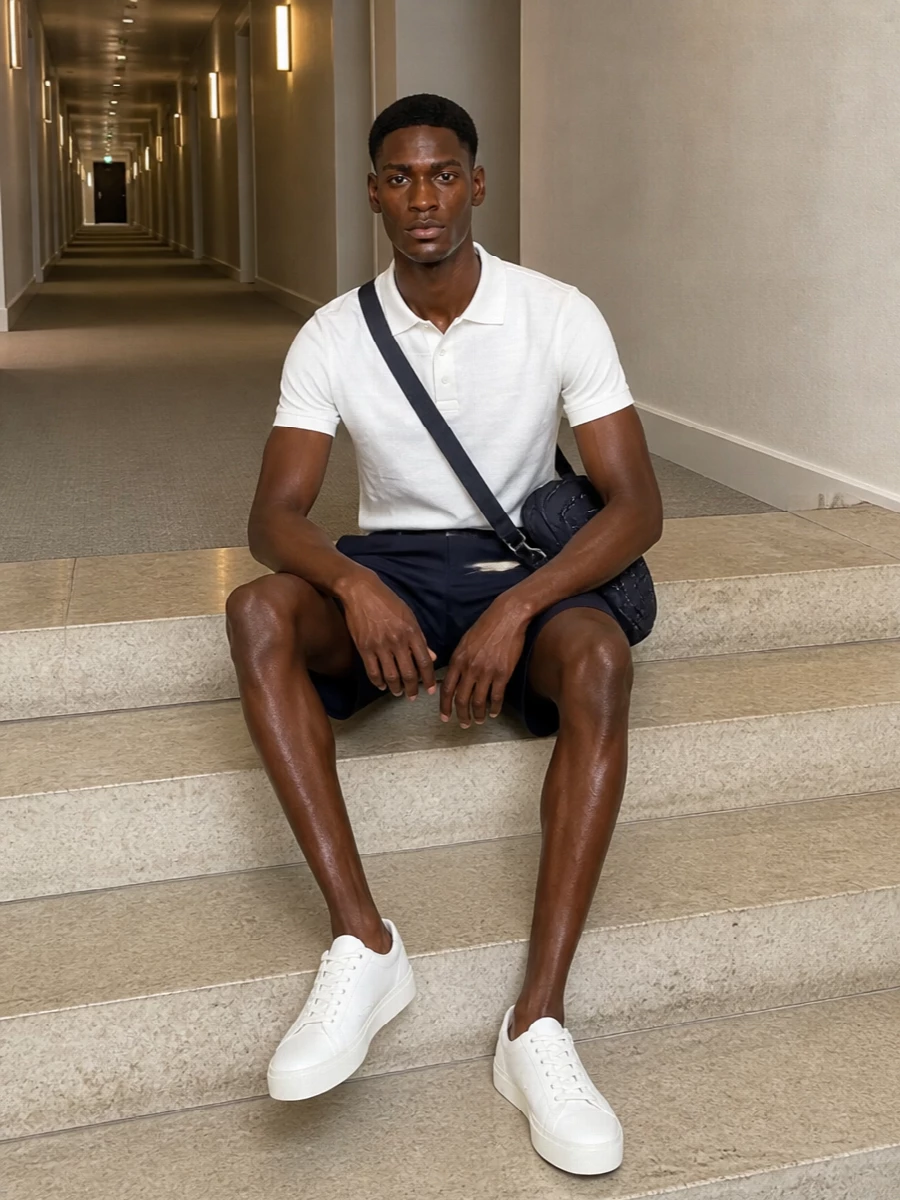 Ami paris navy tailored shorts white knit polo