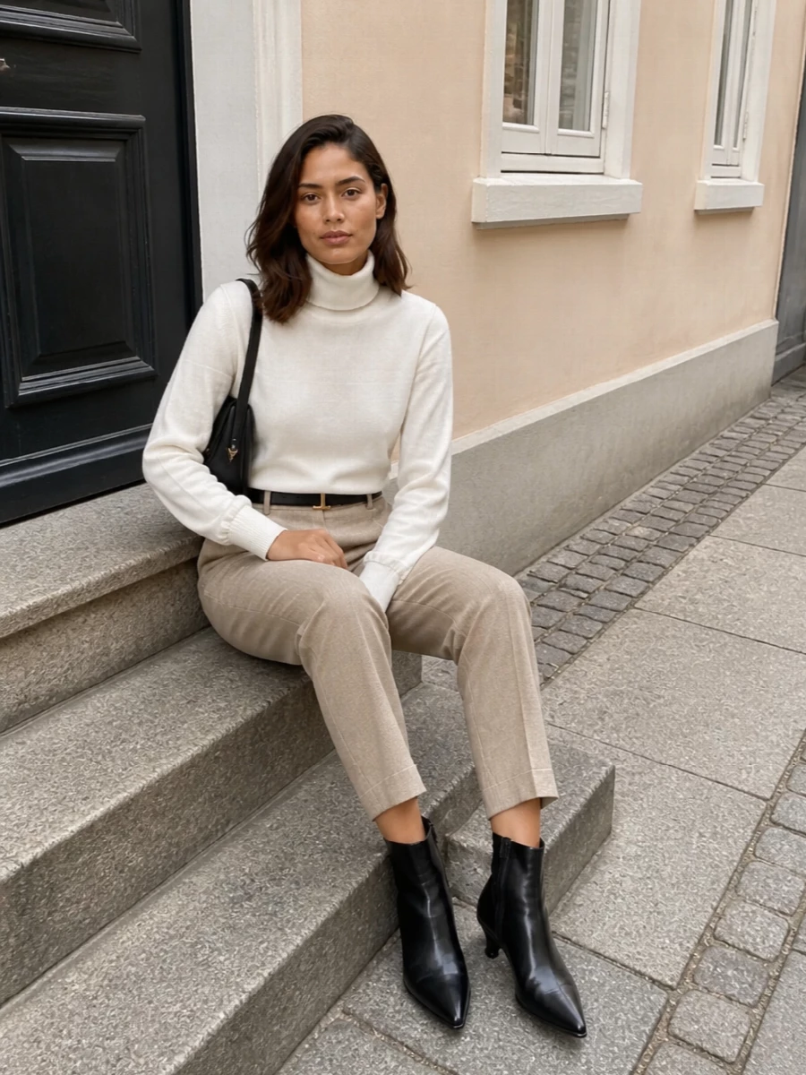 Toteme beige trousers ivory turtleneck outfit