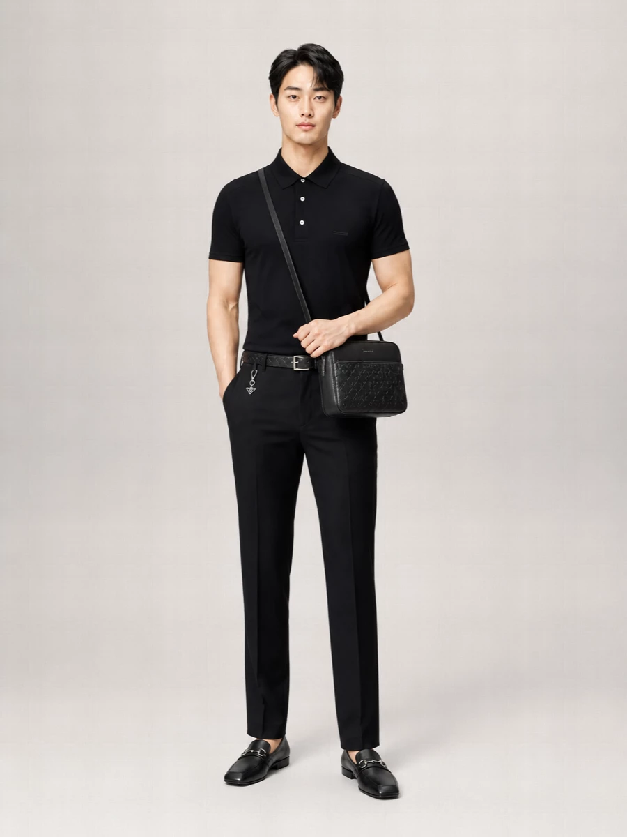 A quietly precise black palette lets texture and cut do the talking here, from the slim intrecciato‑nod belt to the clean polo and tailored trouser. The square‑toe Gucci loafers and structured Celine crossbody keep the mood polished and modern, ideal for warm city days that move from desk to dinner without a change.