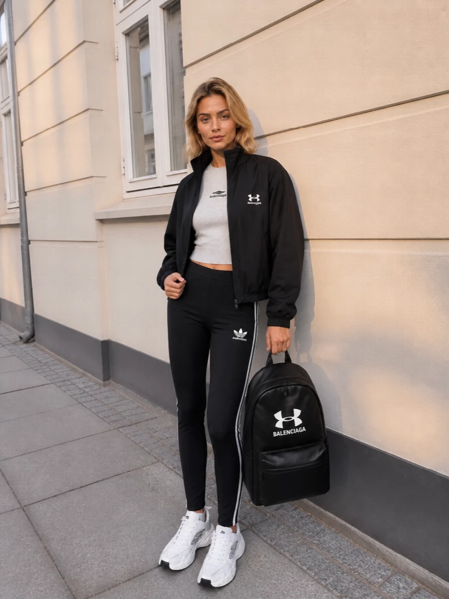 Balenciaga women black track jacket leggings outfit