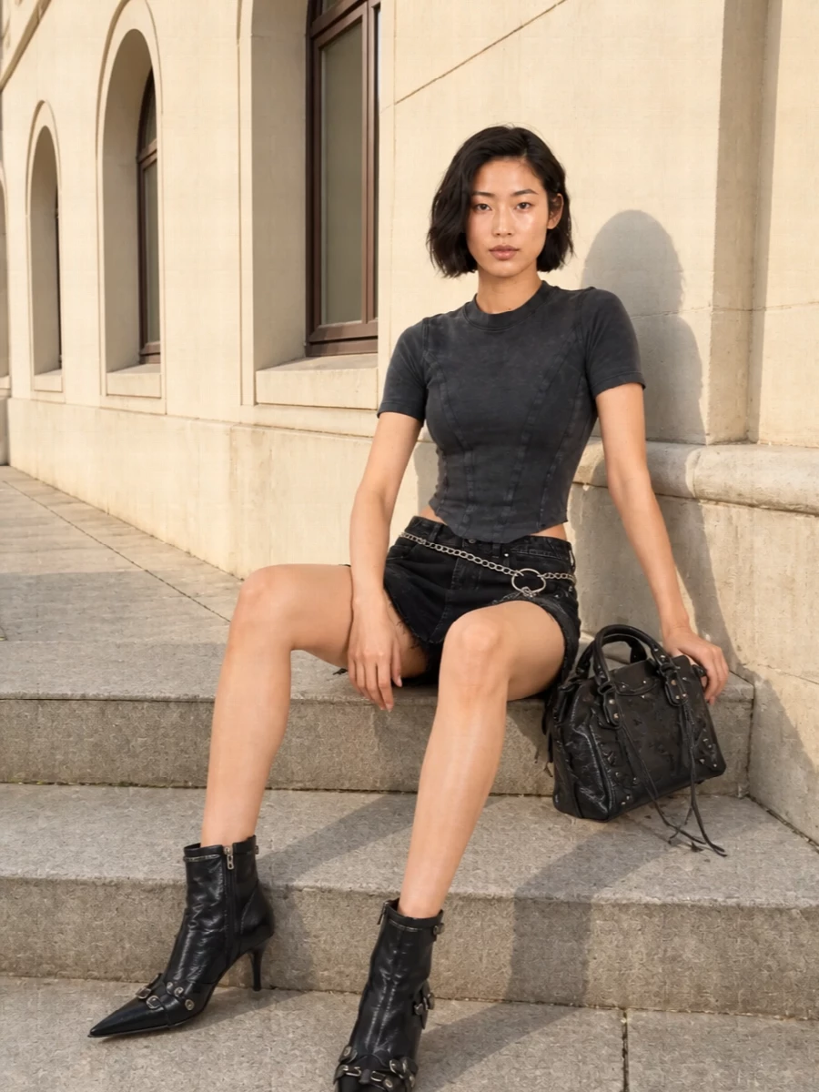 Balenciaga black denim mini skirt outfit boots