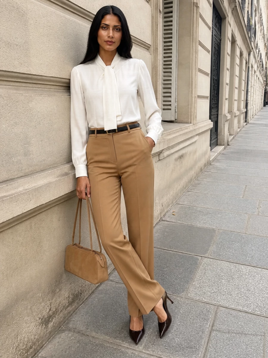 Camel Max Mara trousers are elevated with a fluid ivory tie-neck blouse for a precise, boardroom-ready take on quiet luxury. Espresso stiletto pumps and a tonal camel shoulder bag keep the lines elongated and the palette warm, while a slim black belt adds just enough definition to keep the silhouette razor sharp yet effortless. The result is a polished FW uniform that moves seamlessly from desk to dinner with understated confidence.
