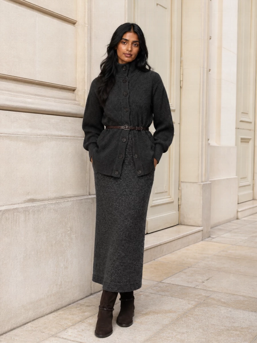 Brunello cucinelli charcoal knit dress riding boots
