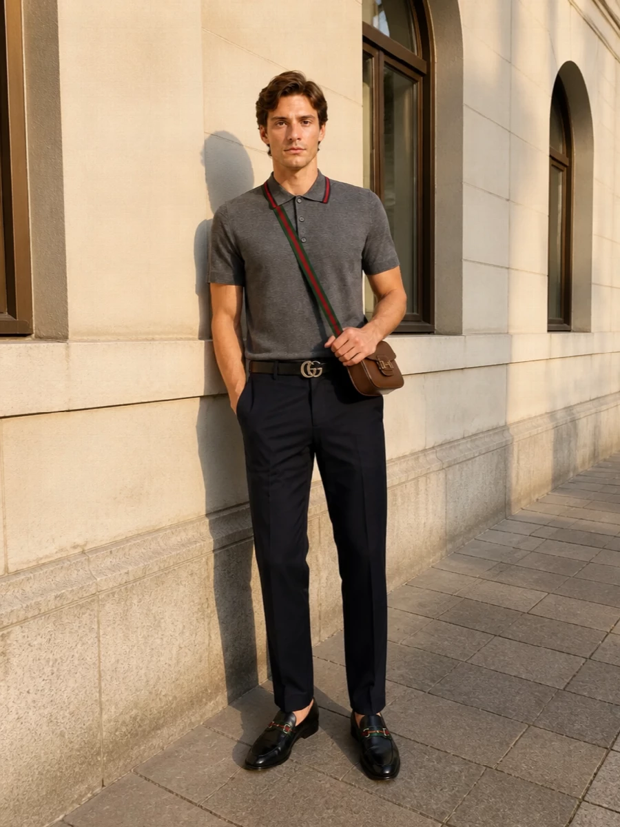 Gucci grey polo navy trousers loafers