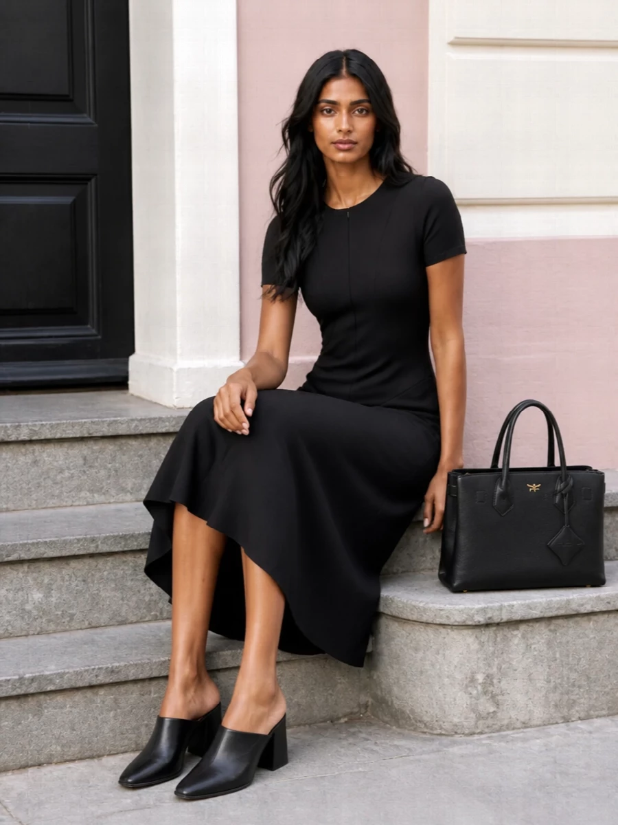 A sculpted Victoria Beckham midi in deep black mirrors the MCM tote’s structured confidence, giving you a clean, elongated line that feels assured from meeting room to late dinner. The Uma Wang block-heel mules keep the attitude modern and quiet, adding just enough height and edge without disturbing the minimal, monochrome story. This is discreet power dressing, all about cut, proportion and subtle detail rather than overt statement.