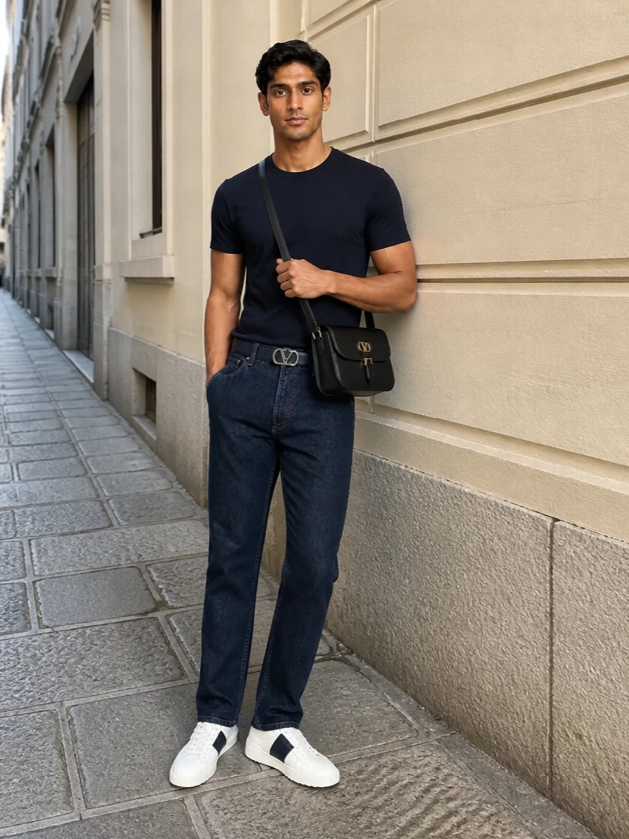Valentino navy tee dark indigo jeans outfit