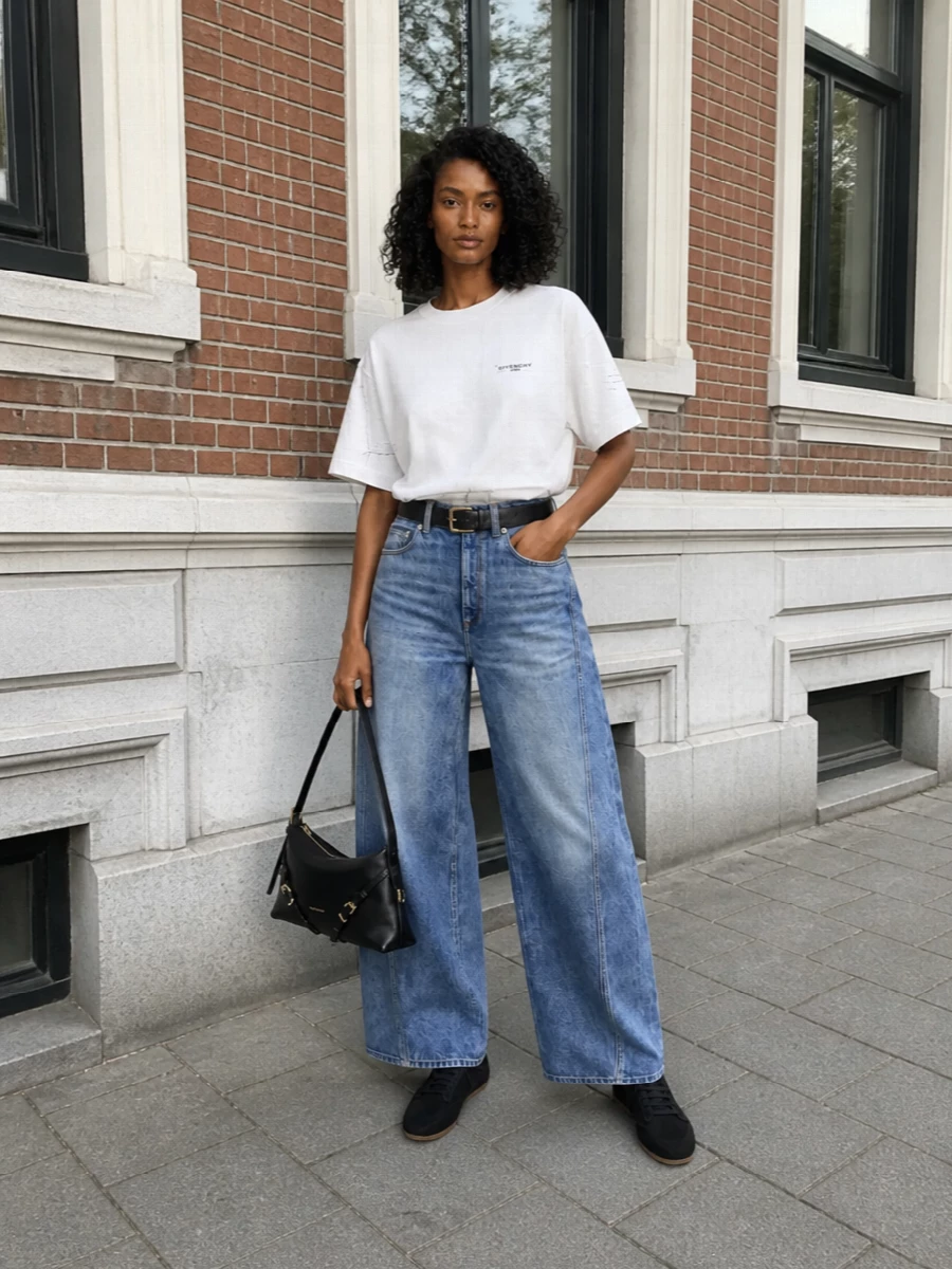 Givenchy wide leg jeans white tee black bag