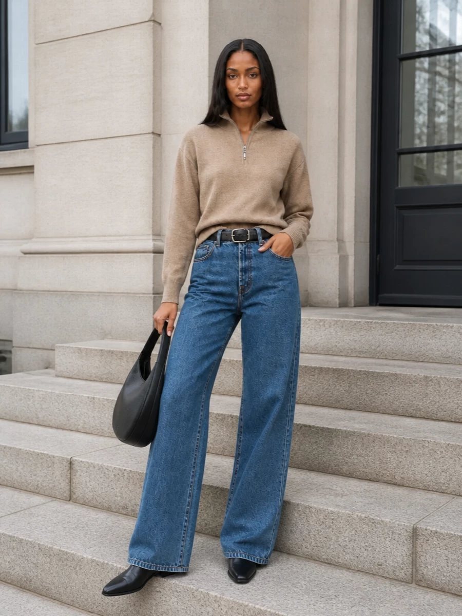 Rohe wide leg jeans taupe sweater black boots