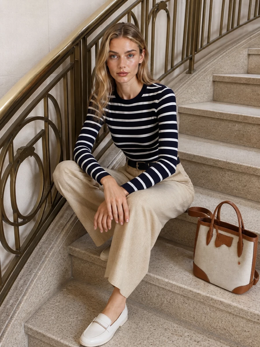 Navy Breton stripes meet sun-washed beige tailoring for a refined, coastal take on day dressing. The high-rise wide leg and slim knit create a long, clean line, while ivory loafers and a structured canvas tote keep the mood polished but relaxed. A navy belt discreetly sharpens the waist and ties the palette together.