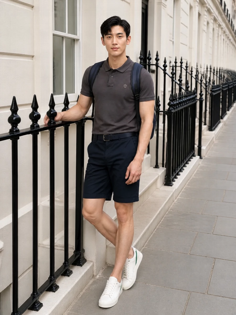 Timberland charcoal polo navy shorts white sneakers