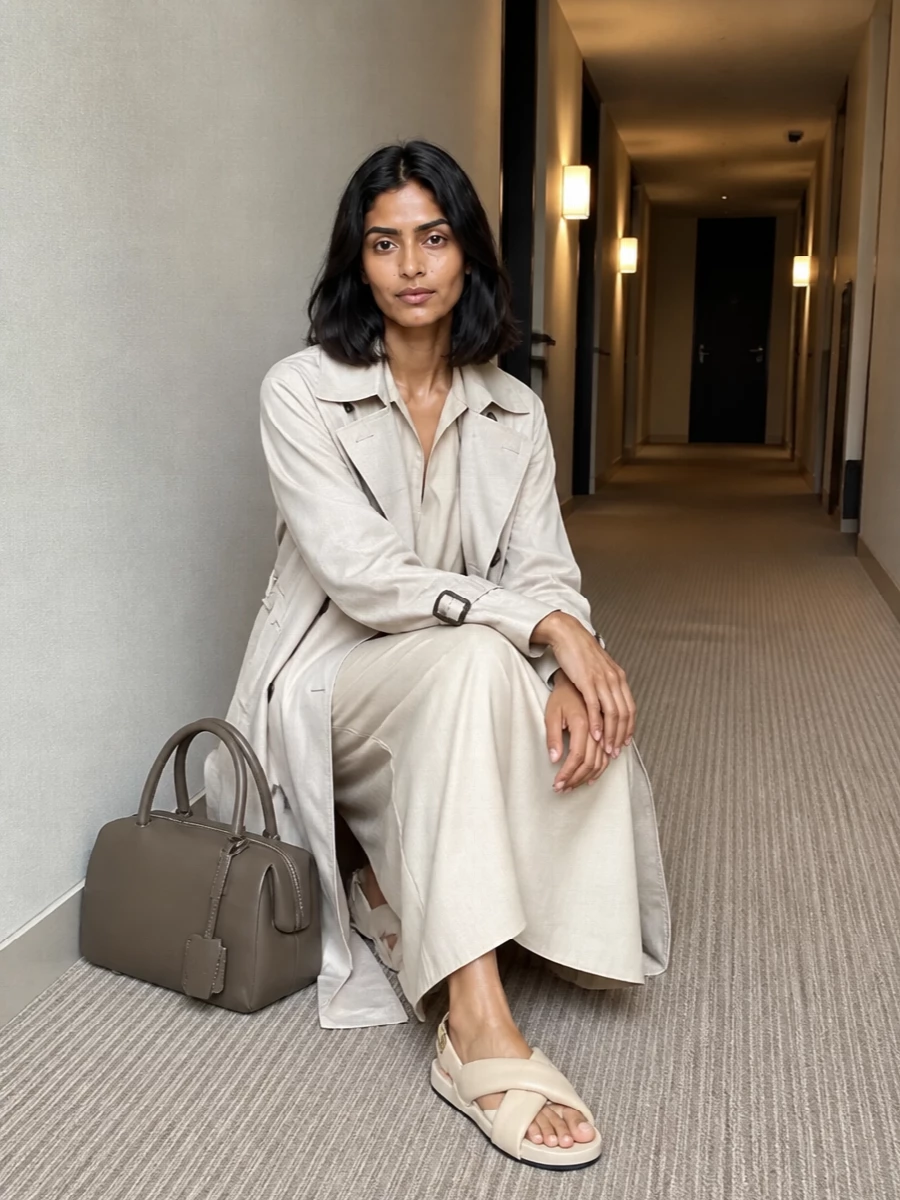 I am choosing the dress route rather than top and trouser, so the trench can read as the only tailored outer layer and the silhouette stays long, clean and unbroken. The light beige shirt dress and padded neutral sandals keep everything in the same soft stone family, with the taupe top‑handle bag adding just enough depth to feel intentional for city days and low‑key client meetings. It is quiet, modern and refined without ever tipping into stiff suiting.