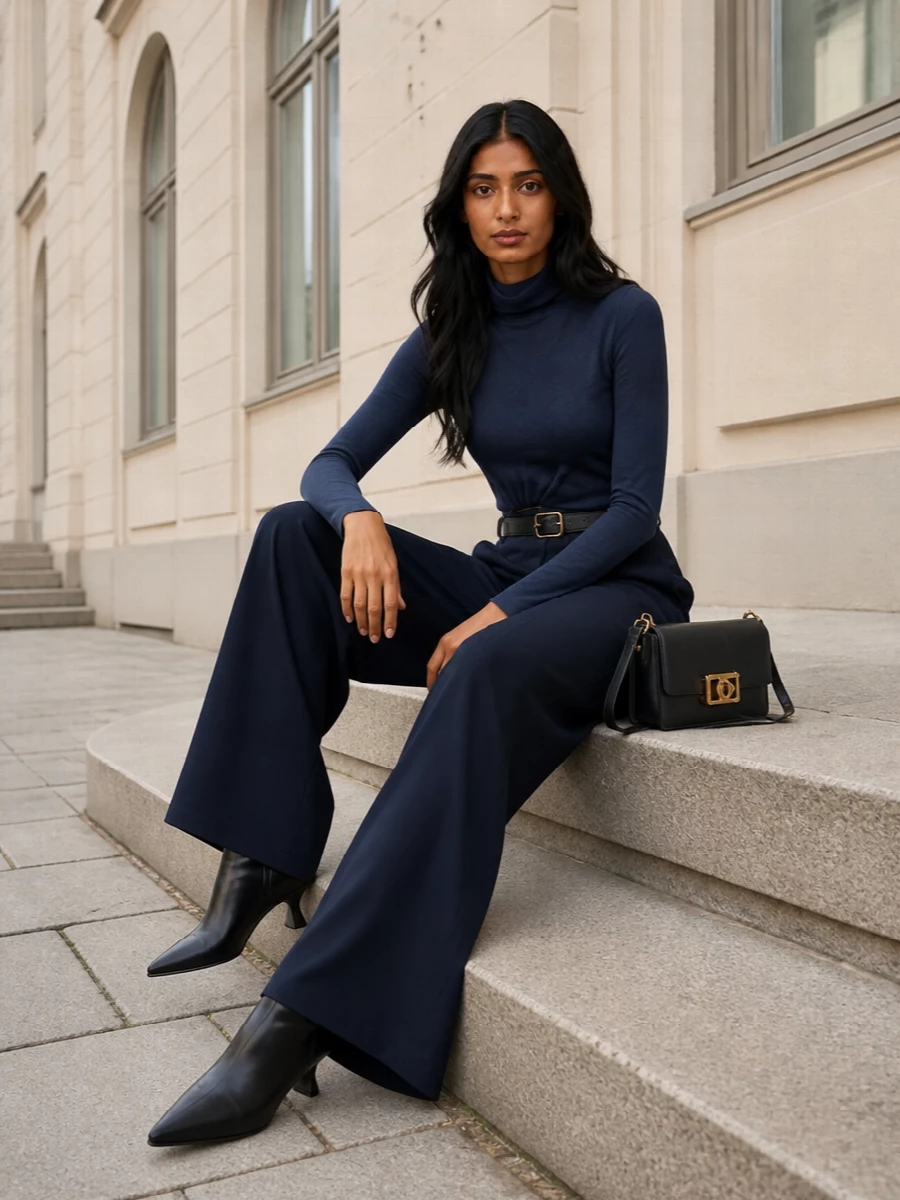 A deep navy wide leg and sculptural slate knit create a precise column that feels modern yet restrained. The pointed black boots and structured mini bag keep the mood sharp, ready for boardroom days that slip into late dinners. A slim black belt quietly anchors the high waist, so the asymmetric knit can do the work without overwhelming the silhouette.