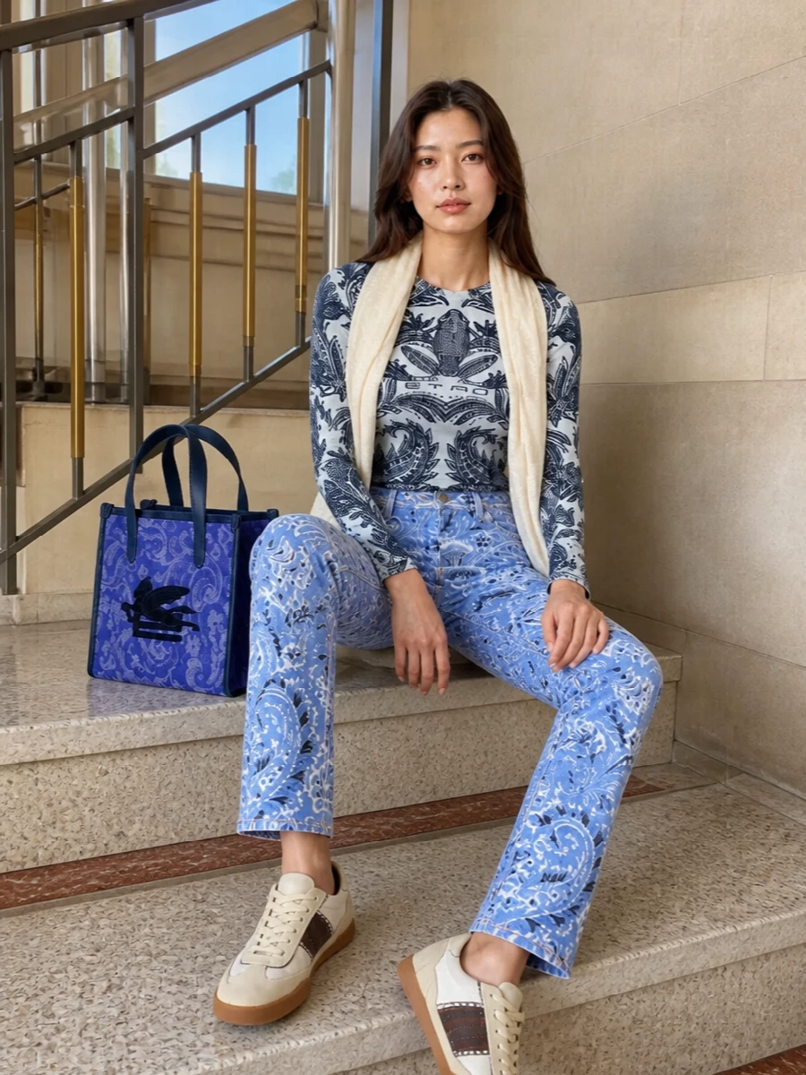 Etro paisley top blue printed jeans outfit