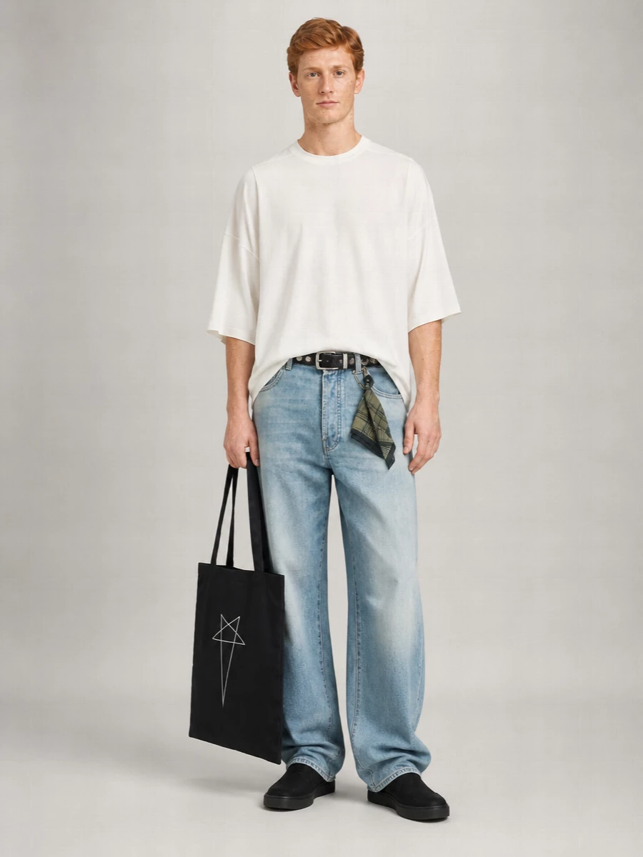 Relaxed faded denim sits against an oversized off-white tee for a soft, slouchy street mood that still feels considered. Black Rick Owens sneakers and a graphic tote sharpen the edges, while a slim studded belt quietly defines the waist so the volume stays intentional, not sloppy.