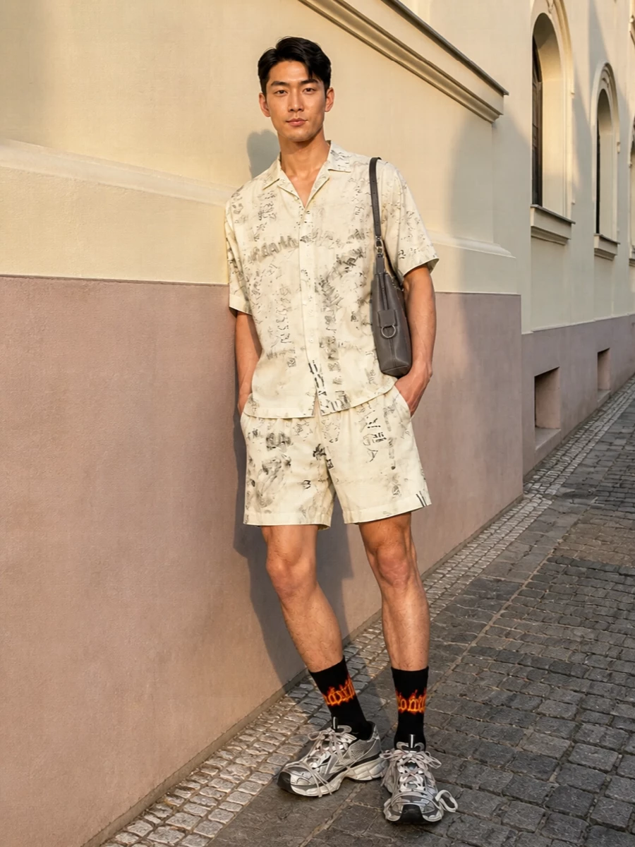 Anchor the sketch-print shirt with the matching shorts for a monochrome, art-studio take on streetwear that still feels intentional. Silver-toned technical sneakers and a sculptural grey shoulder bag keep the palette tight and modern, while the graphic socks inject a discreet hit of attitude at the ankle. The result is relaxed but precise, perfect for warm-city days where you still want a strong point of view.