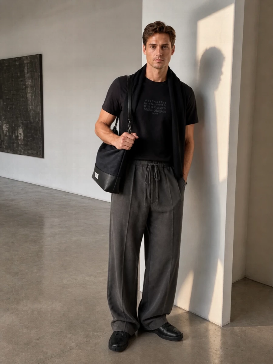 A study in monochrome Margiela, this outfit leans into soft structure and volume: the numeric tee sits against a high-rise, fluid wide leg for a relaxed but considered line. Tonal black sneakers keep the mood grounded and discreet, while the structured shoulder bag and dark scarf add just enough architecture and texture for city days that run late.