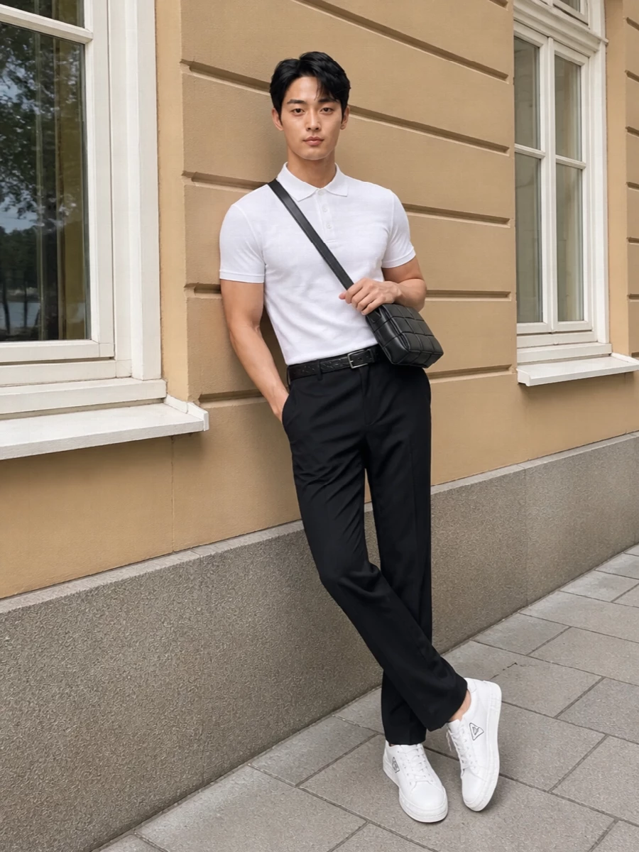 A crisp white Saint Laurent polo sits over Prada’s tailored black trousers for a clean, modern smart-casual uniform in pure monochrome. White Prada low-top sneakers keep the line relaxed yet precise, while the black Bottega Veneta crossbody and matching belt introduce subtle texture, rounding out a quietly luxurious city look that moves effortlessly from afternoon to evening.