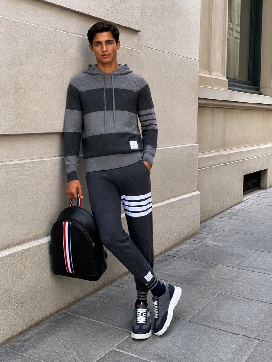 Thom browne grey hoodie joggers streetwear outfit