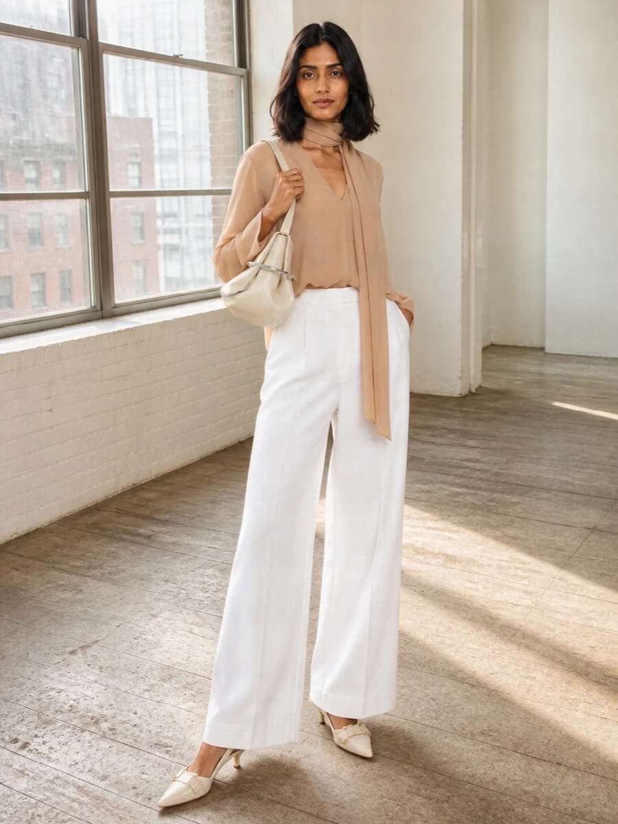 Givenchy nude blouse white wide leg trousers