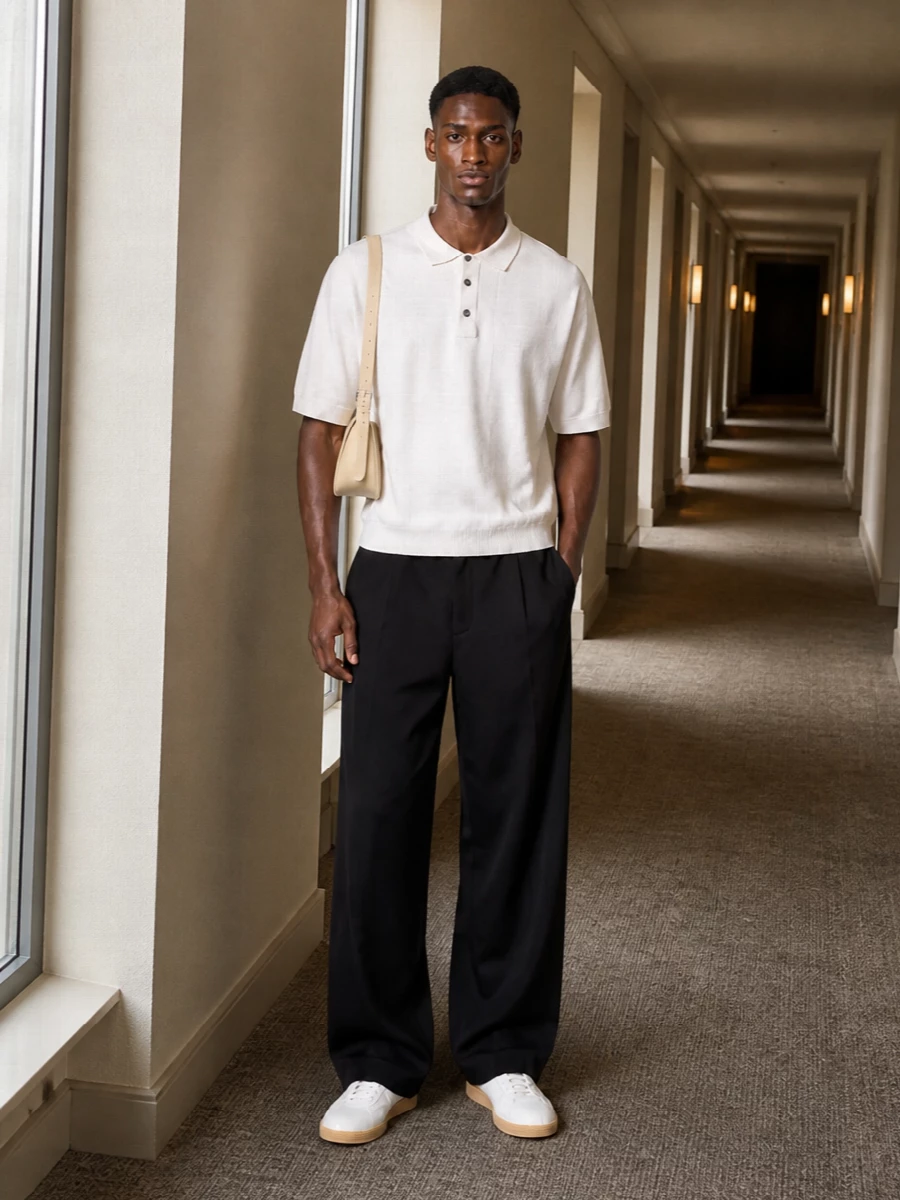 Studio nicholson polo wide black trousers outfit
