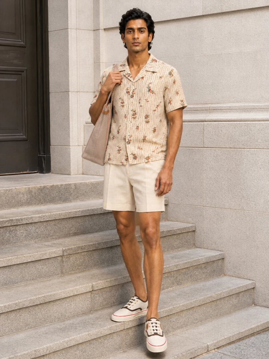 Valentino’s floral camp shirt stays centre stage against the soft cream tailored shorts, creating a romantic, preppy summer pairing that feels relaxed yet composed. Ivory canvas sneakers and a warm beige canvas tote keep the palette light and sunlit, with tan and brown accents quietly echoing the shirt’s vintage warmth. It is an easy city-to-coast outfit that reads polished without feeling styled within an inch of its life.