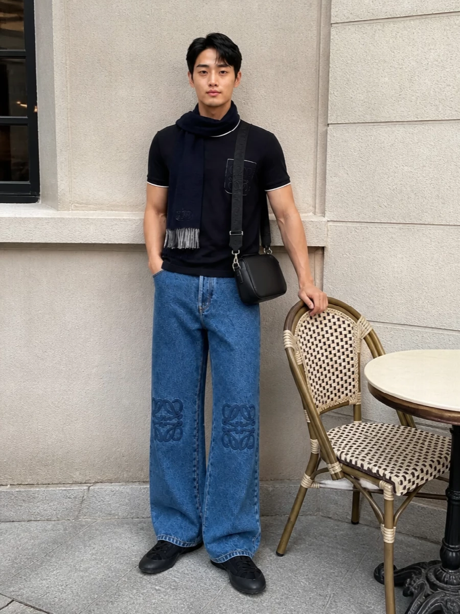 Loewe navy tshirt wide leg jeans outfit