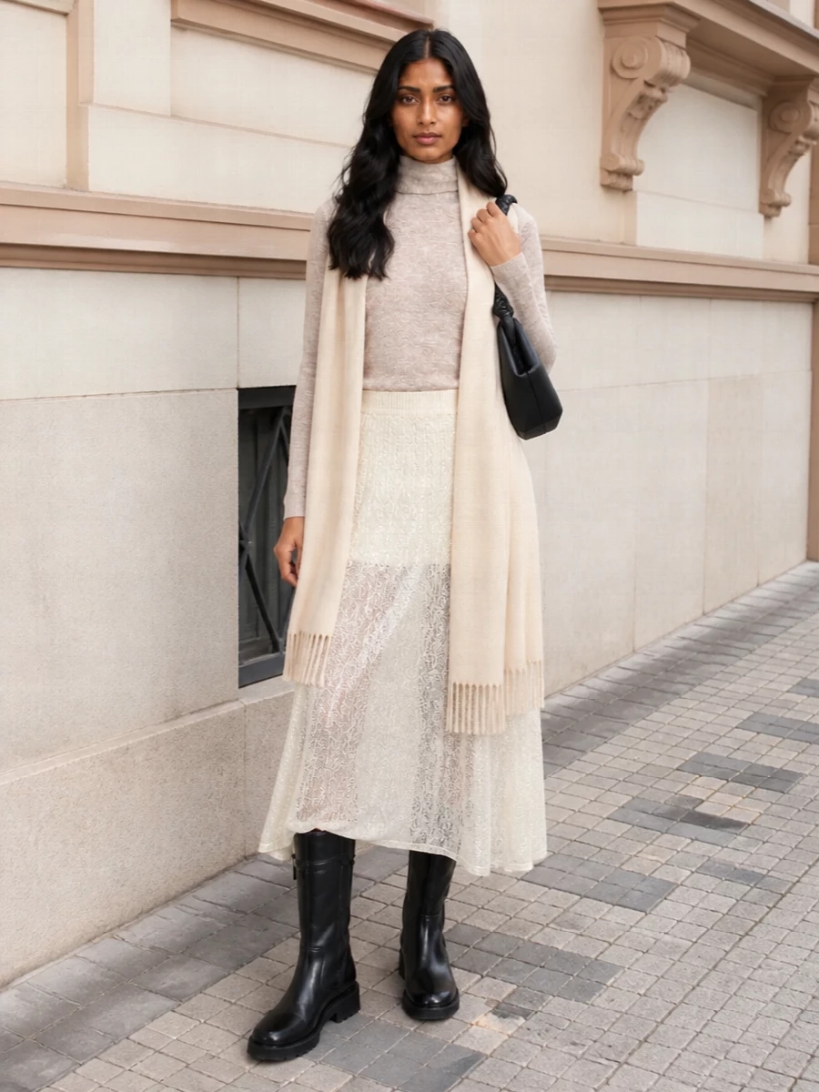 Ganni lace maxi skirt turtleneck knee boots