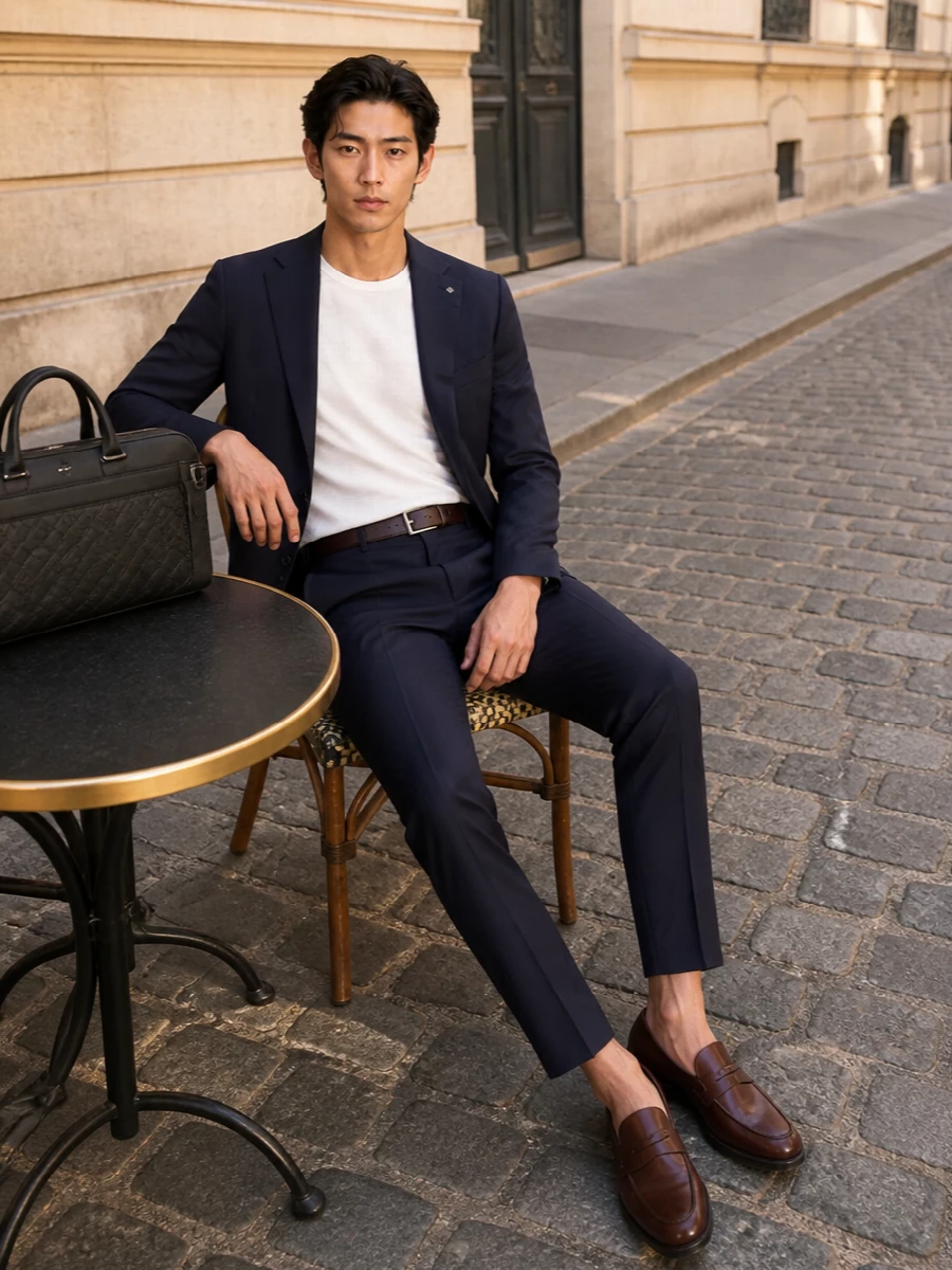 Tagliatore navy blazer tods loafers outfit