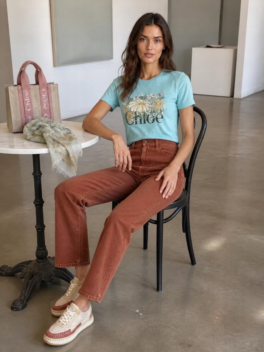 Chloe aqua tee rust jeans outfit