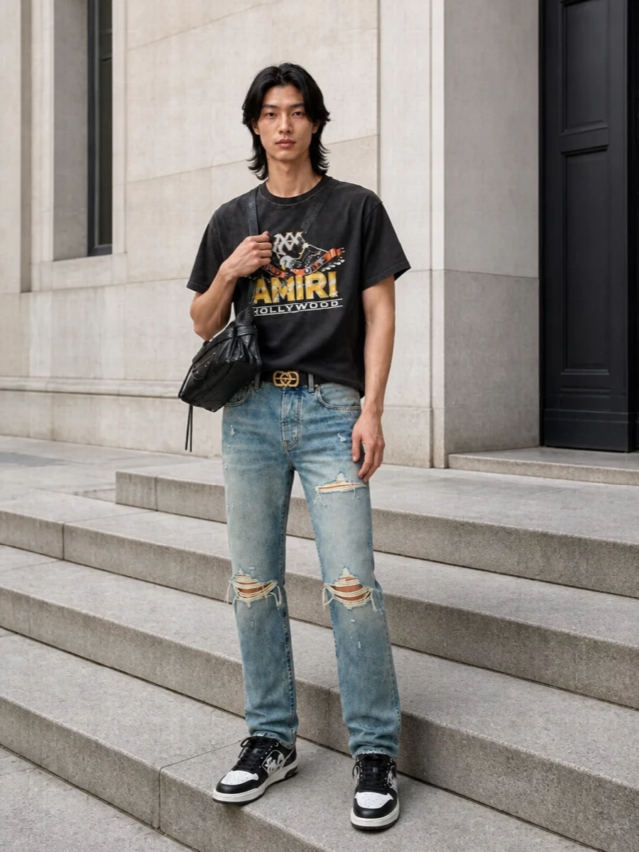 Amiri hollywood tee distressed jeans sneakers